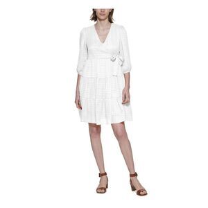 CALVIN KLEIN Womens White Tie Faux-wrap Styling 3/4 Sleeve A-Line Dress 14